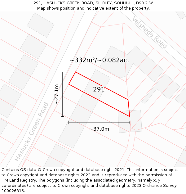 291, HASLUCKS GREEN ROAD, SHIRLEY, SOLIHULL, B90 2LW: Plot and title map