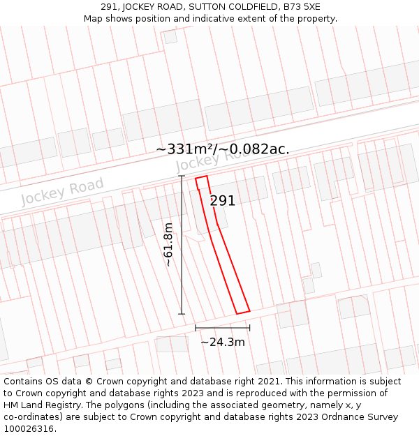 291, JOCKEY ROAD, SUTTON COLDFIELD, B73 5XE: Plot and title map