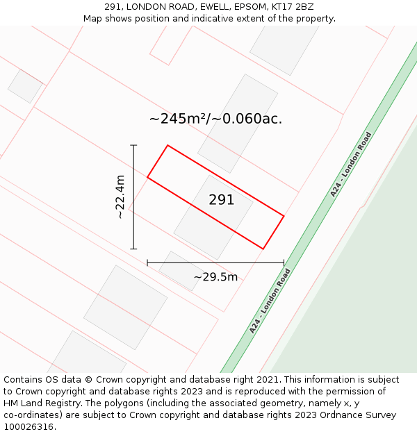 291, LONDON ROAD, EWELL, EPSOM, KT17 2BZ: Plot and title map