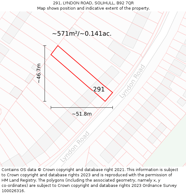 291, LYNDON ROAD, SOLIHULL, B92 7QR: Plot and title map