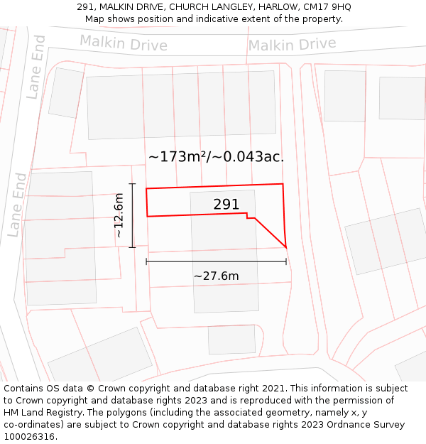 291, MALKIN DRIVE, CHURCH LANGLEY, HARLOW, CM17 9HQ: Plot and title map