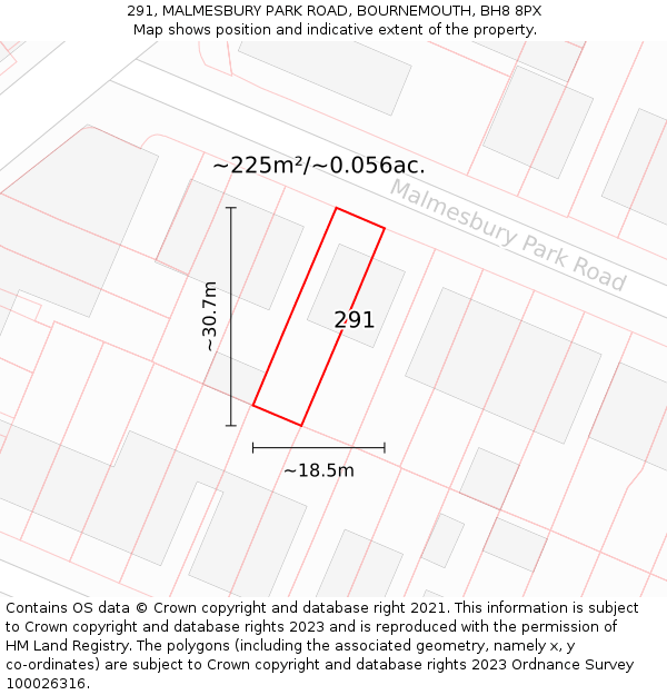 291, MALMESBURY PARK ROAD, BOURNEMOUTH, BH8 8PX: Plot and title map