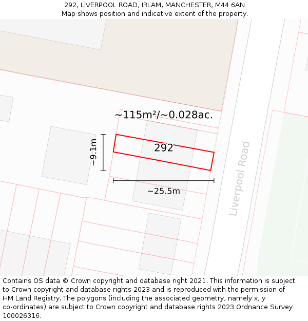 292, LIVERPOOL ROAD, IRLAM, MANCHESTER, M44 6AN: Plot and title map