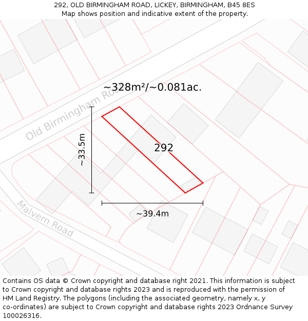 292, OLD BIRMINGHAM ROAD, LICKEY, BIRMINGHAM, B45 8ES: Plot and title map