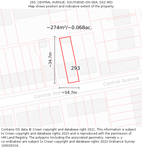 293, CENTRAL AVENUE, SOUTHEND-ON-SEA, SS2 4ED: Plot and title map