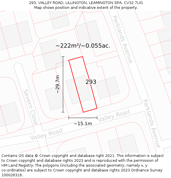 293, VALLEY ROAD, LILLINGTON, LEAMINGTON SPA, CV32 7UG: Plot and title map