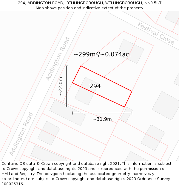 294, ADDINGTON ROAD, IRTHLINGBOROUGH, WELLINGBOROUGH, NN9 5UT: Plot and title map