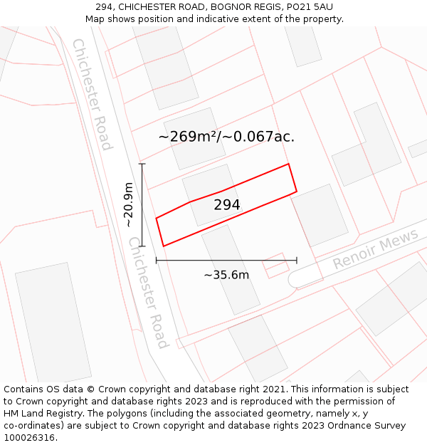 294, CHICHESTER ROAD, BOGNOR REGIS, PO21 5AU: Plot and title map