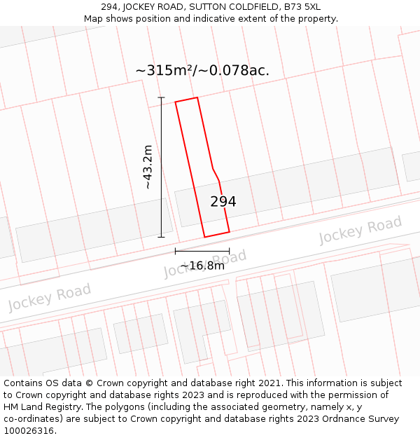 294, JOCKEY ROAD, SUTTON COLDFIELD, B73 5XL: Plot and title map