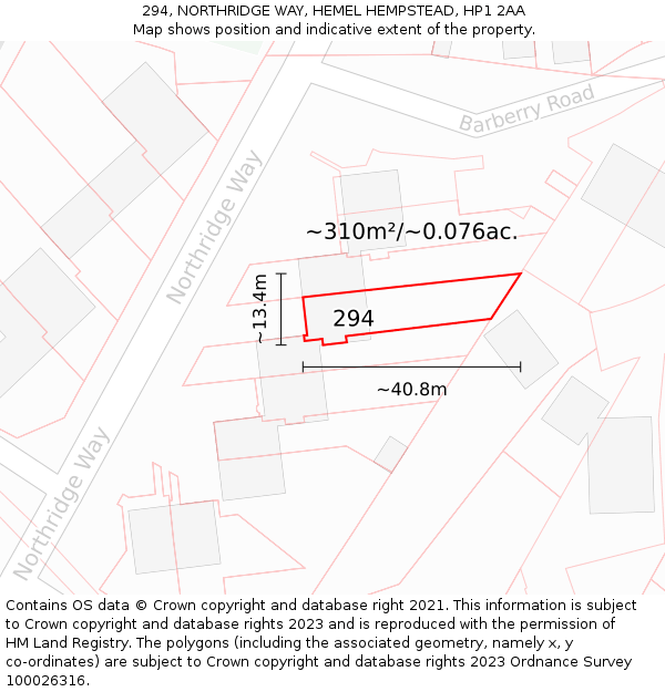 294, NORTHRIDGE WAY, HEMEL HEMPSTEAD, HP1 2AA: Plot and title map