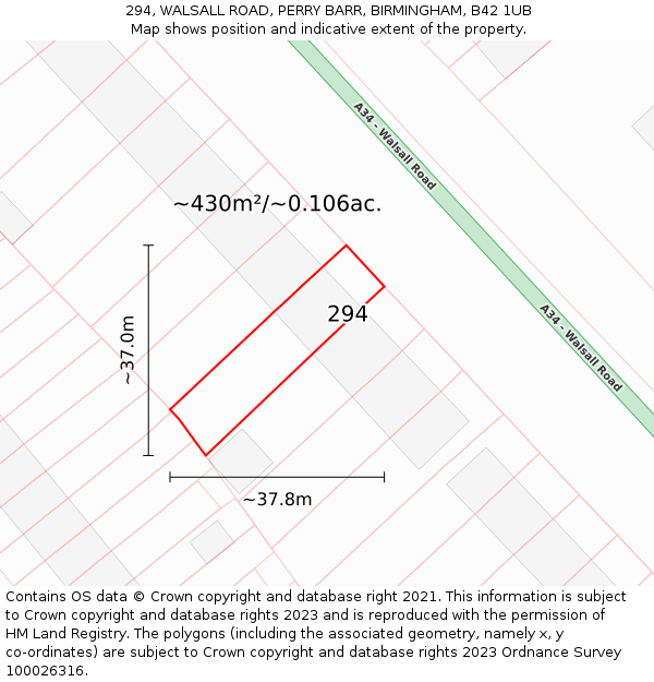 294, WALSALL ROAD, PERRY BARR, BIRMINGHAM, B42 1UB: Plot and title map