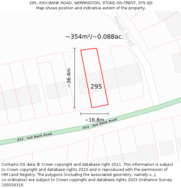 295, ASH BANK ROAD, WERRINGTON, STOKE-ON-TRENT, ST9 0JS: Plot and title map