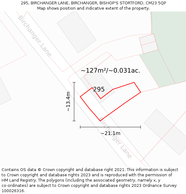 295, BIRCHANGER LANE, BIRCHANGER, BISHOP'S STORTFORD, CM23 5QP: Plot and title map