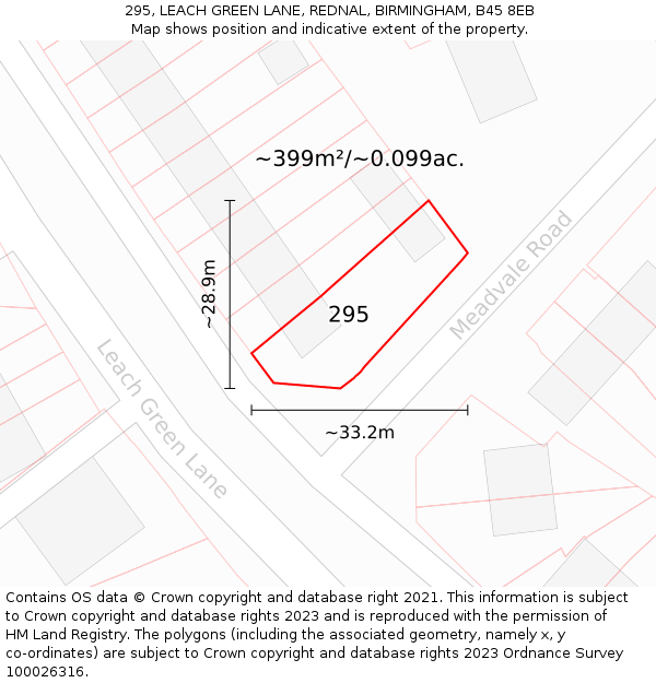 295, LEACH GREEN LANE, REDNAL, BIRMINGHAM, B45 8EB: Plot and title map