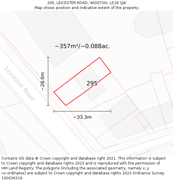 295, LEICESTER ROAD, WIGSTON, LE18 1JW: Plot and title map