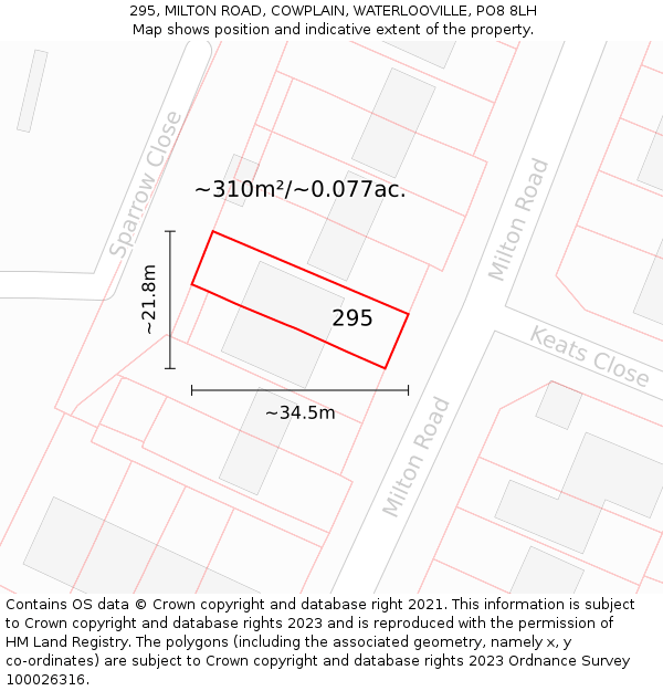 295, MILTON ROAD, COWPLAIN, WATERLOOVILLE, PO8 8LH: Plot and title map