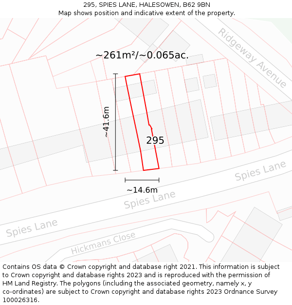 295, SPIES LANE, HALESOWEN, B62 9BN: Plot and title map