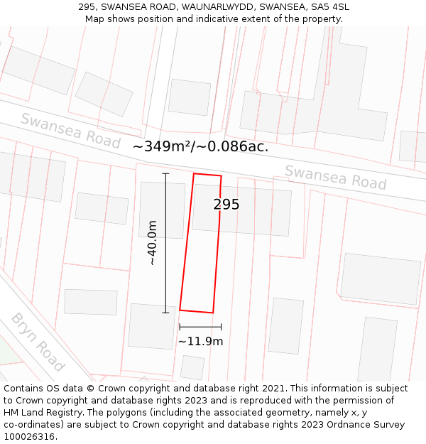 295, SWANSEA ROAD, WAUNARLWYDD, SWANSEA, SA5 4SL: Plot and title map