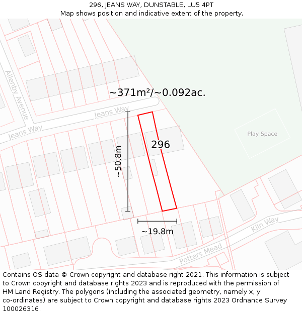 296, JEANS WAY, DUNSTABLE, LU5 4PT: Plot and title map