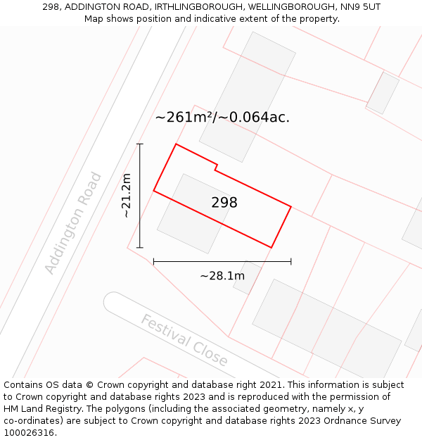 298, ADDINGTON ROAD, IRTHLINGBOROUGH, WELLINGBOROUGH, NN9 5UT: Plot and title map