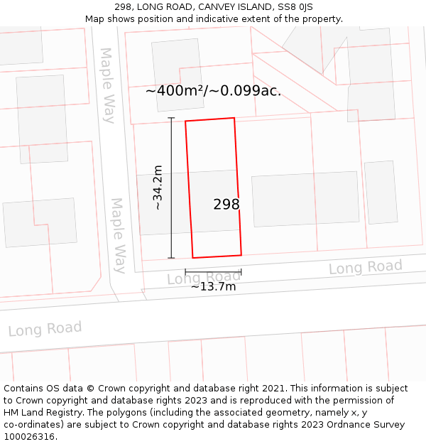 298, LONG ROAD, CANVEY ISLAND, SS8 0JS: Plot and title map