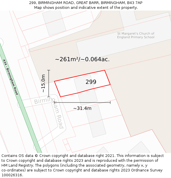 299, BIRMINGHAM ROAD, GREAT BARR, BIRMINGHAM, B43 7AP: Plot and title map