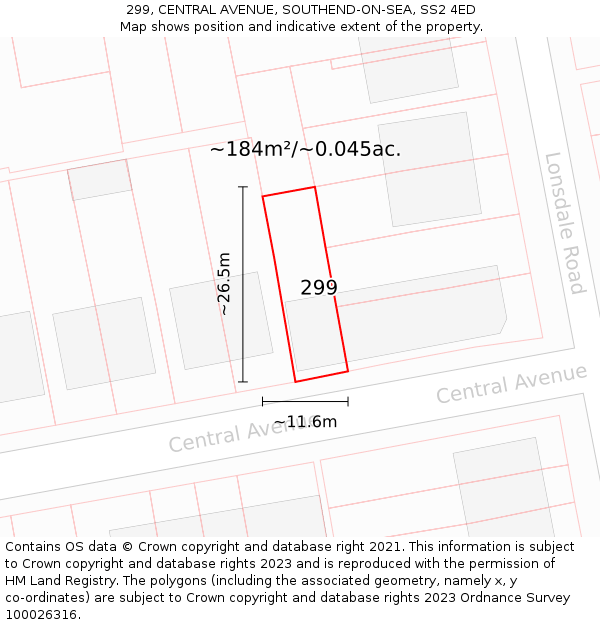 299, CENTRAL AVENUE, SOUTHEND-ON-SEA, SS2 4ED: Plot and title map