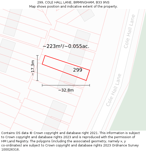 299, COLE HALL LANE, BIRMINGHAM, B33 9NS: Plot and title map