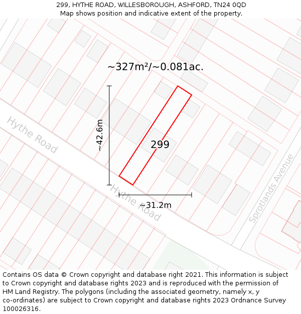 299, HYTHE ROAD, WILLESBOROUGH, ASHFORD, TN24 0QD: Plot and title map