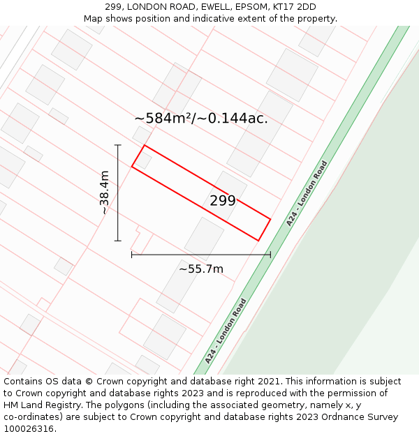 299, LONDON ROAD, EWELL, EPSOM, KT17 2DD: Plot and title map