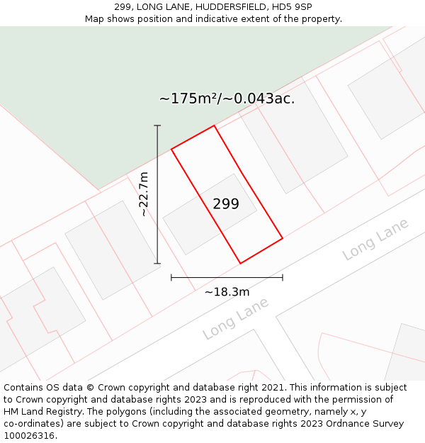 299, LONG LANE, HUDDERSFIELD, HD5 9SP: Plot and title map