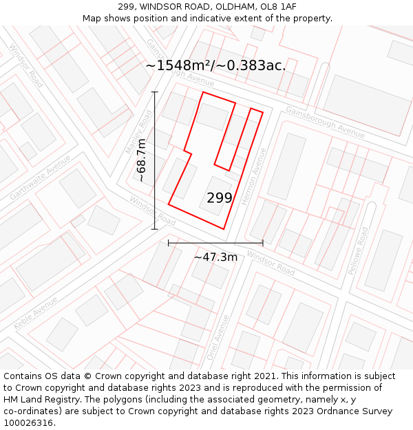 299, WINDSOR ROAD, OLDHAM, OL8 1AF: Plot and title map