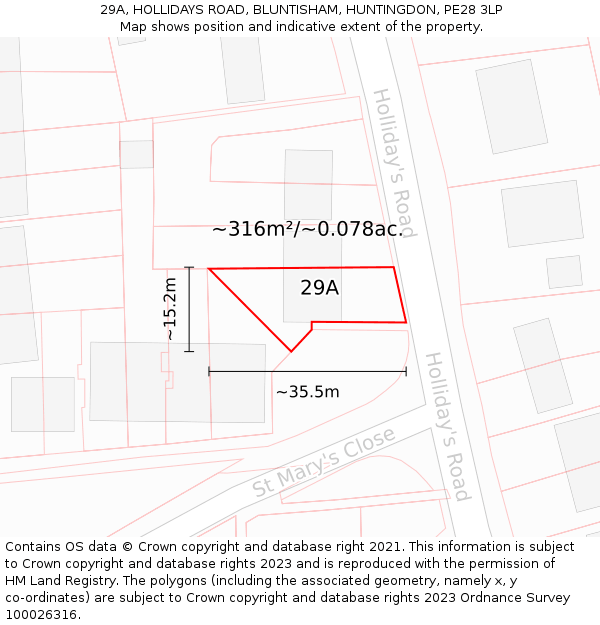 29A, HOLLIDAYS ROAD, BLUNTISHAM, HUNTINGDON, PE28 3LP: Plot and title map