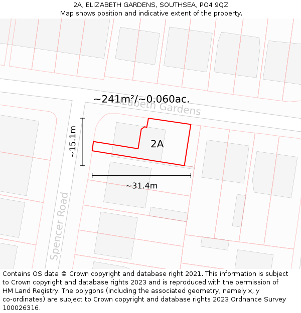 2A, ELIZABETH GARDENS, SOUTHSEA, PO4 9QZ: Plot and title map