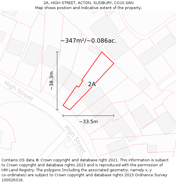 2A, HIGH STREET, ACTON, SUDBURY, CO10 0AN: Plot and title map