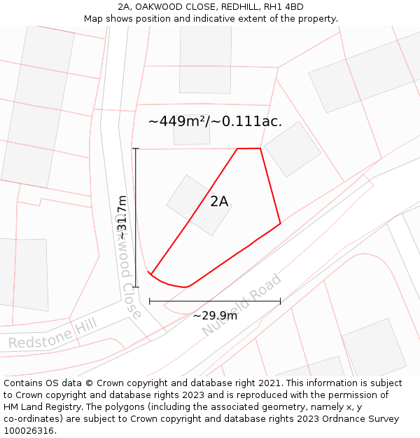 2A, OAKWOOD CLOSE, REDHILL, RH1 4BD: Plot and title map