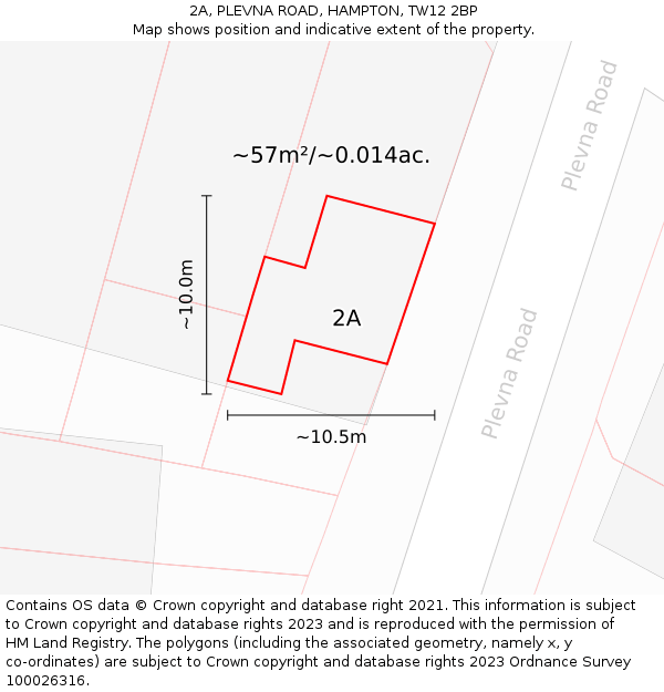 2A, PLEVNA ROAD, HAMPTON, TW12 2BP: Plot and title map