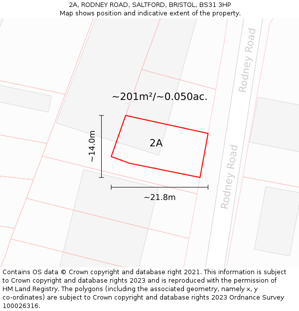 2A, RODNEY ROAD, SALTFORD, BRISTOL, BS31 3HP: Plot and title map