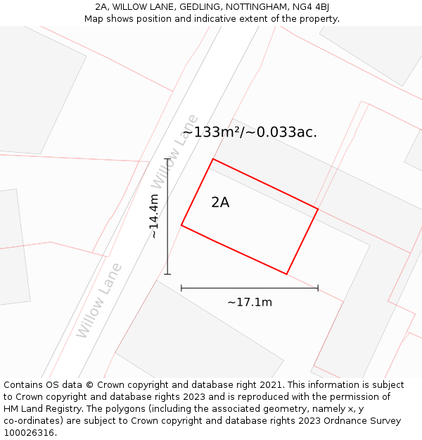 2A, WILLOW LANE, GEDLING, NOTTINGHAM, NG4 4BJ: Plot and title map