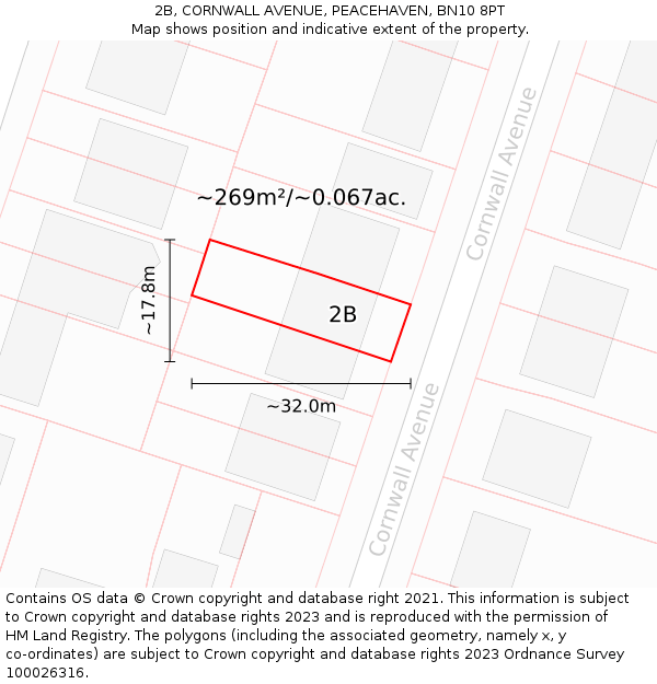 2B, CORNWALL AVENUE, PEACEHAVEN, BN10 8PT: Plot and title map