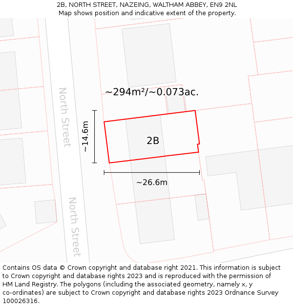 2B, NORTH STREET, NAZEING, WALTHAM ABBEY, EN9 2NL: Plot and title map