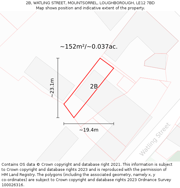 2B, WATLING STREET, MOUNTSORREL, LOUGHBOROUGH, LE12 7BD: Plot and title map