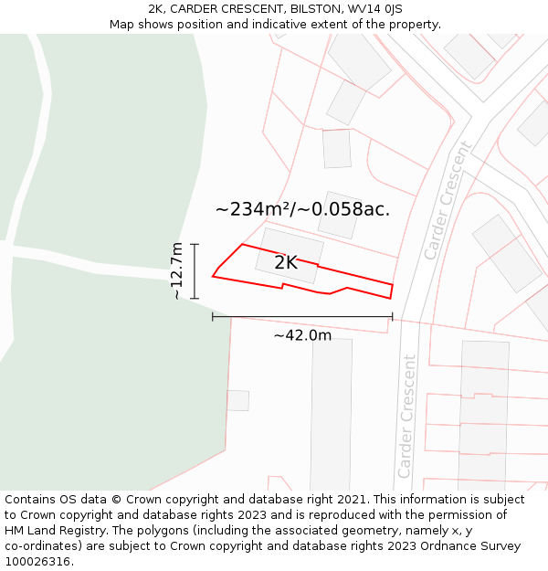 2K, CARDER CRESCENT, BILSTON, WV14 0JS: Plot and title map