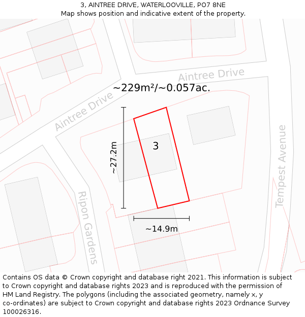 3, AINTREE DRIVE, WATERLOOVILLE, PO7 8NE: Plot and title map