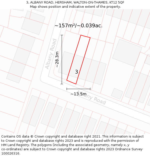 3, ALBANY ROAD, HERSHAM, WALTON-ON-THAMES, KT12 5QF: Plot and title map