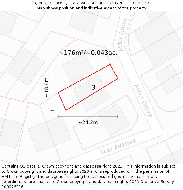 3, ALDER GROVE, LLANTWIT FARDRE, PONTYPRIDD, CF38 2JX: Plot and title map