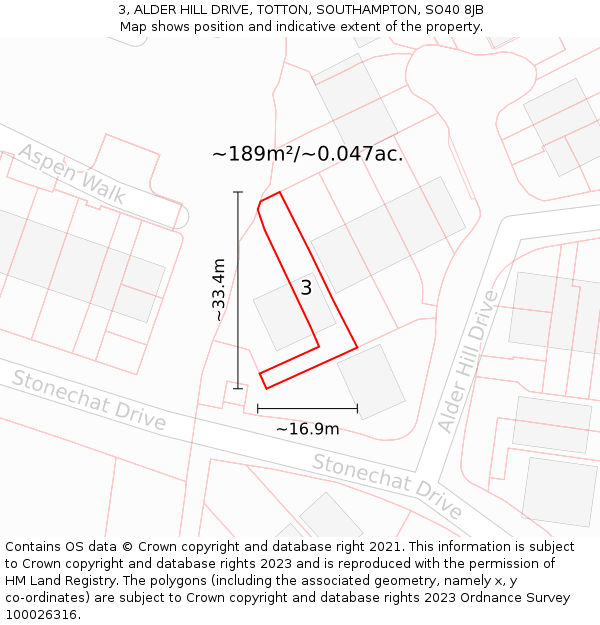 3, ALDER HILL DRIVE, TOTTON, SOUTHAMPTON, SO40 8JB: Plot and title map