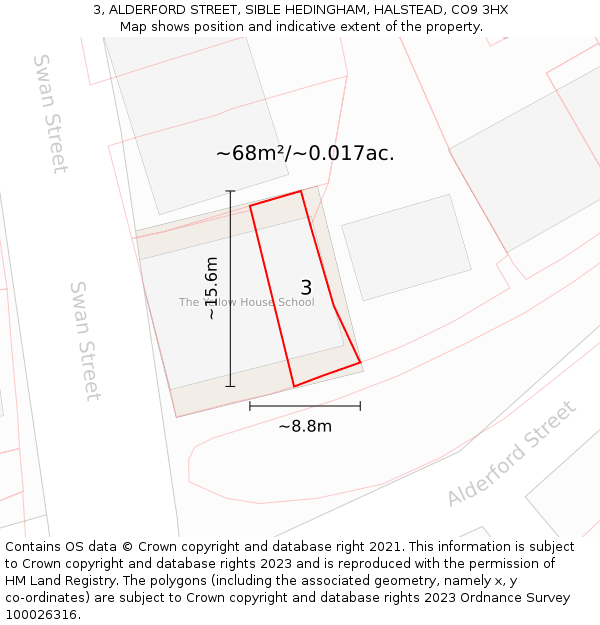 3, ALDERFORD STREET, SIBLE HEDINGHAM, HALSTEAD, CO9 3HX: Plot and title map