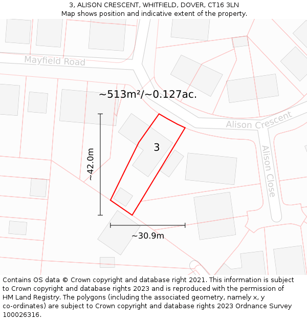 3, ALISON CRESCENT, WHITFIELD, DOVER, CT16 3LN: Plot and title map