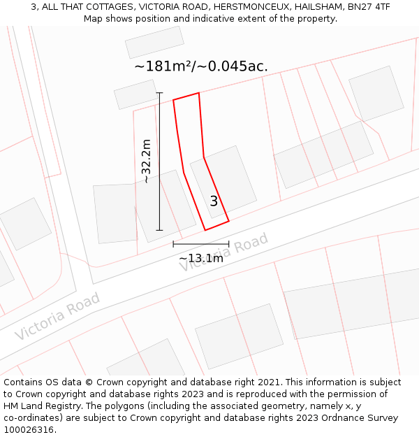 3, ALL THAT COTTAGES, VICTORIA ROAD, HERSTMONCEUX, HAILSHAM, BN27 4TF: Plot and title map